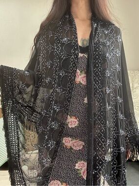 Vintage Witchy Beaded Black Sheer Fringe Shawl Poncho